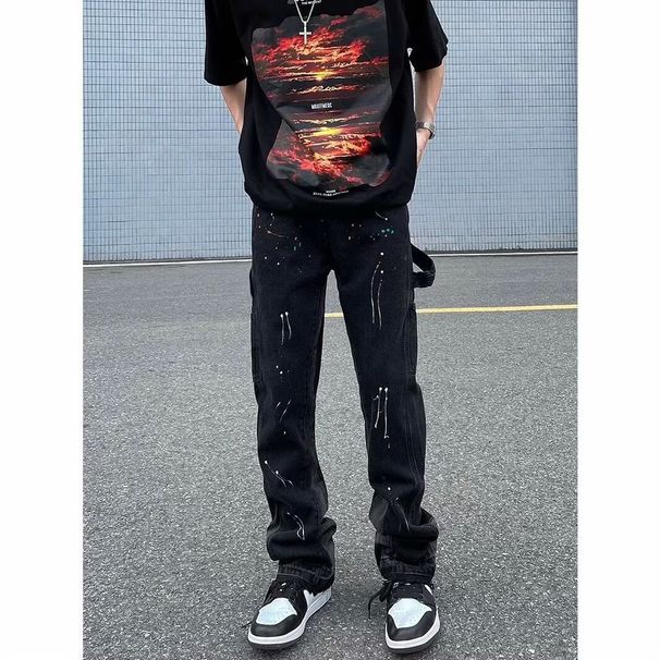 Men's Clothing High Street Ink Splashed Flared Jeans Men's Ins American Retro Vibe Style Loose Straight Leg Mopping Trousers_viptrois.com