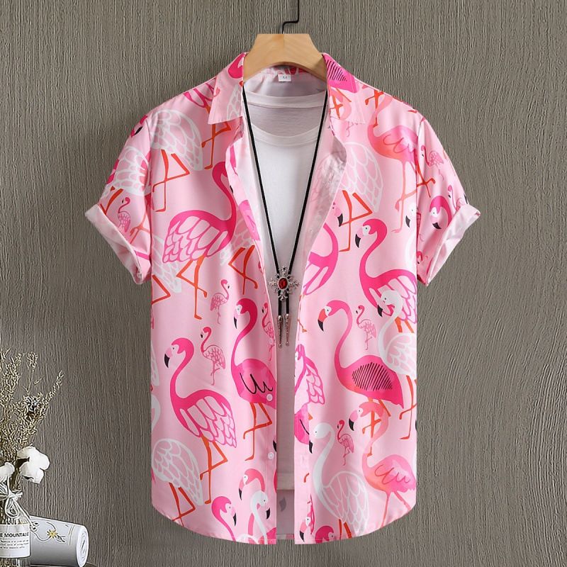 Men's Flamingo Print Casual Shirt - Short Sleeve Hawaiian Style Resort Wear, Breathable & Stretchable_viptrois.com