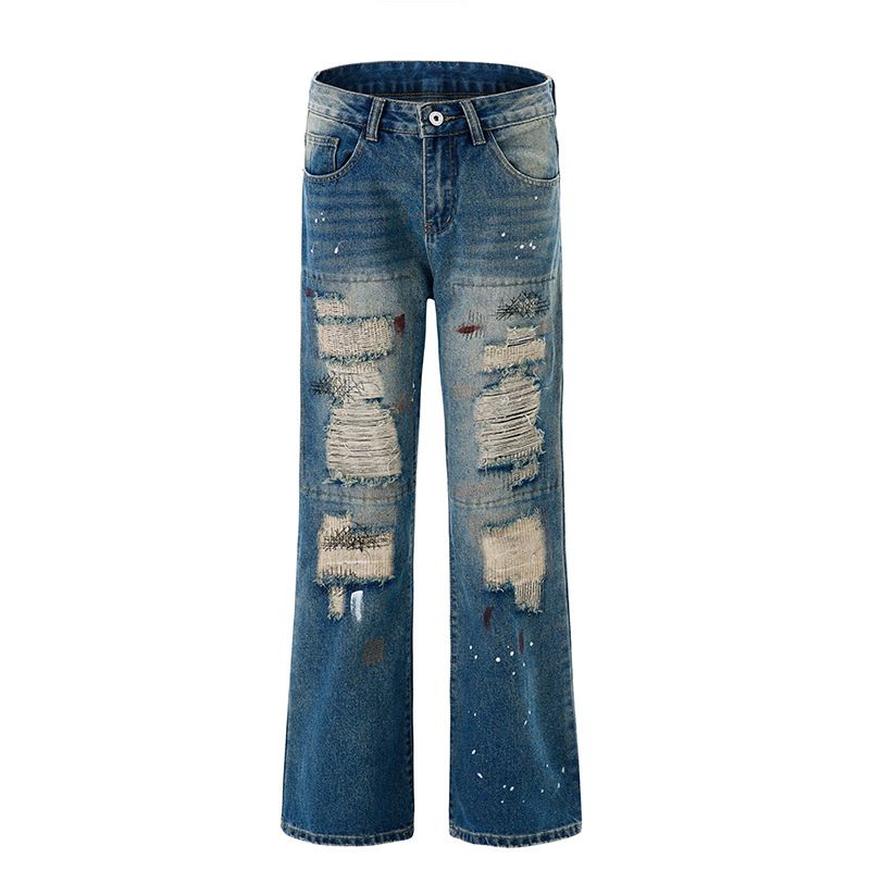 Men's Clothing High Street Ripped Jeans Straight Leg Piled Up Flared Trousers_viptrois.com