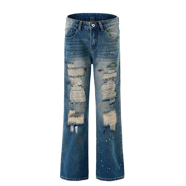 Men's Clothing High Street Ripped Jeans Straight Leg Piled Up Flared Trousers_viptrois.com