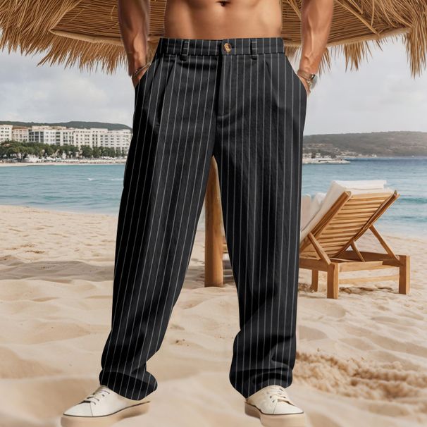 Men's High-Waisted Linen Trousers – Breathable Business Casual Pants With Button Fly & Pinstripe (5 Colors, S-XXXL)_viptrois.com