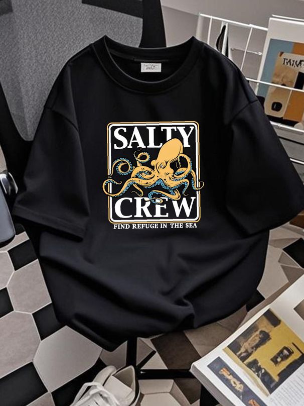 SALTY CREW FIND REFUGE IN THE SEA OCTOPUS TEE T SHIRT Mens 2XL XXL Black Soft Breathable Versatile Streetwear Graphic Top For Everyday Wear_viptrois.com