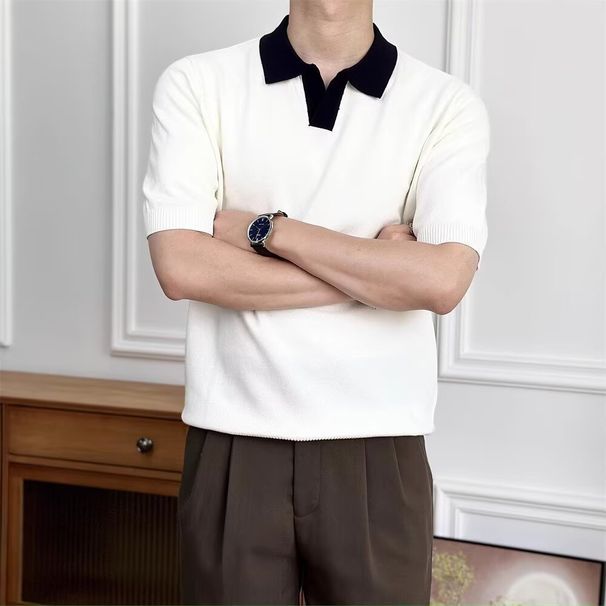 Men's Slim Fit Knit Polo Shirt – Summer Casual Lapel Short Sleeve, High-End Color Block Design For Business & Elegant Style_viptrois.com