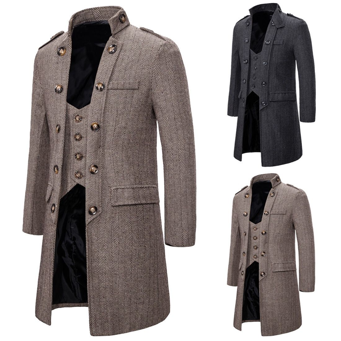Loom Loom 2020 New Foreign Trade European Size Mid-Length Style Men's Two-Piece Herringbone Wool Trench Coat YF18_viptrois.com