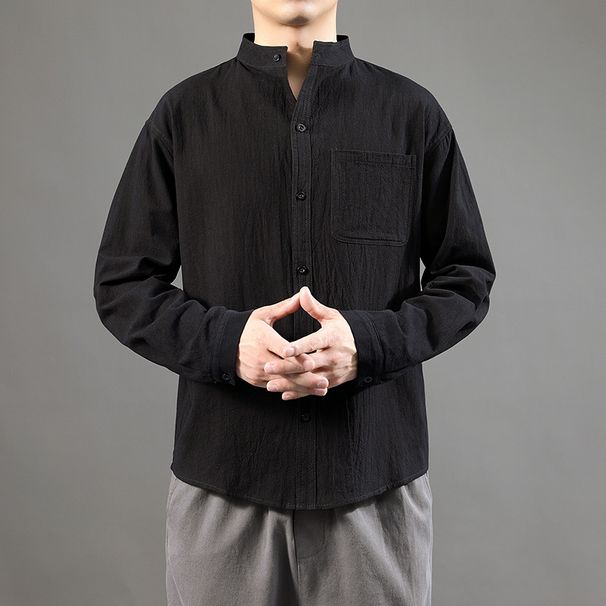 Men's Summer Linen Shirt Casual Simple Long Sleeve Loose Thin Solid Color Youth Cotton And Linen Shirt For Wearing Alone_viptrois.com