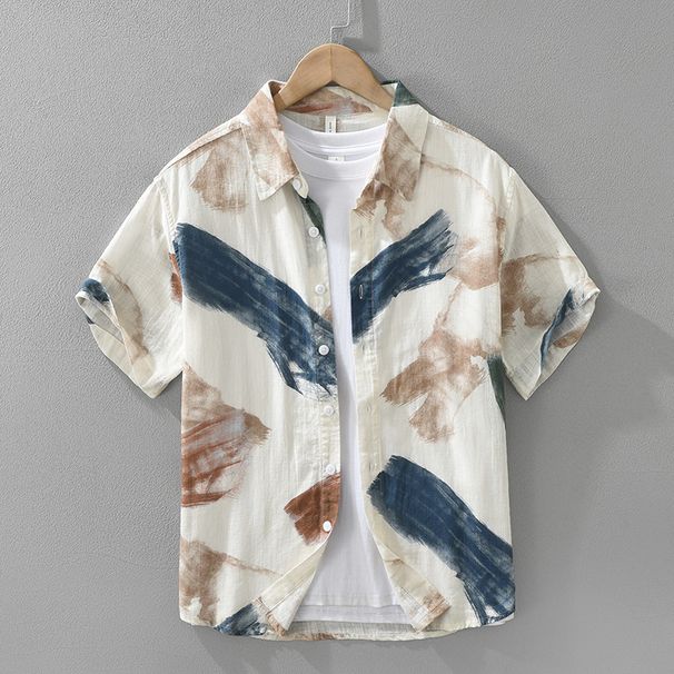 Printed Fresh Short Sleeved Shirt For Men, Fashionable And Versatile, Artistic And Casual Loose Top_viptrois.com