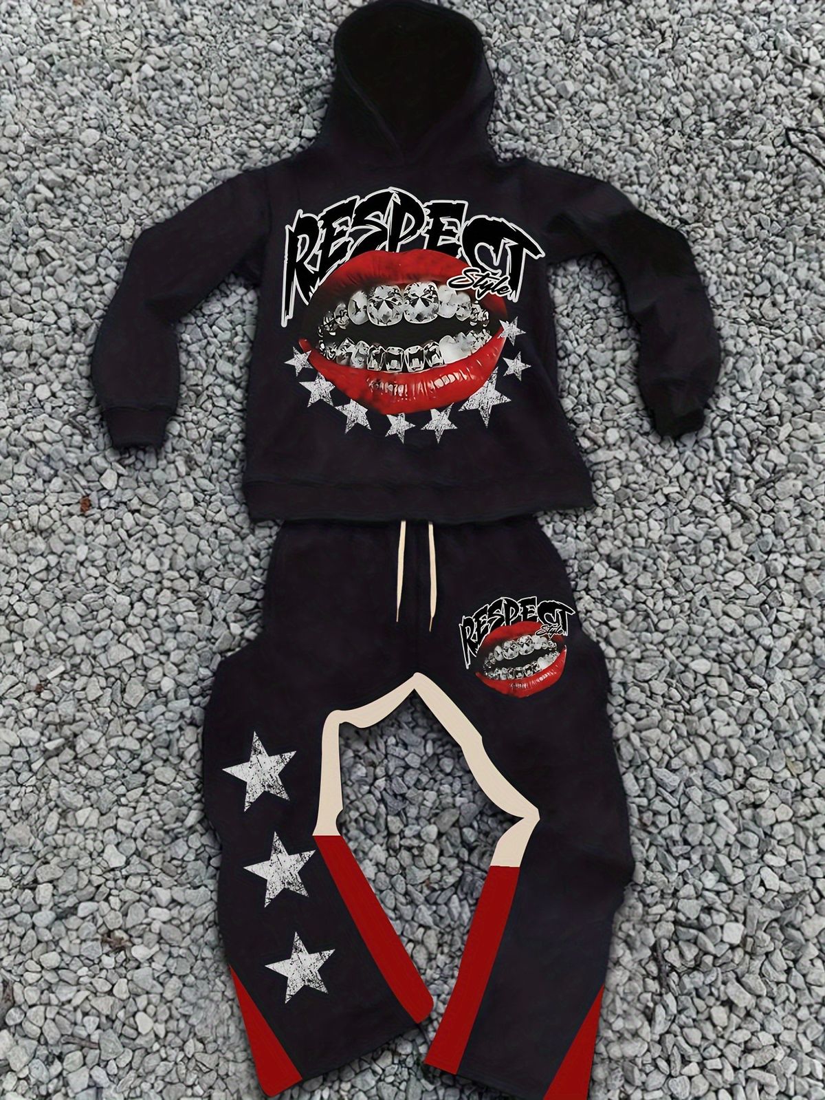 Men's Clothing Men's Street Black Hooded Sweatshirt Flared Pants Suit Red Lips And Diamond Teeth_viptrois.com