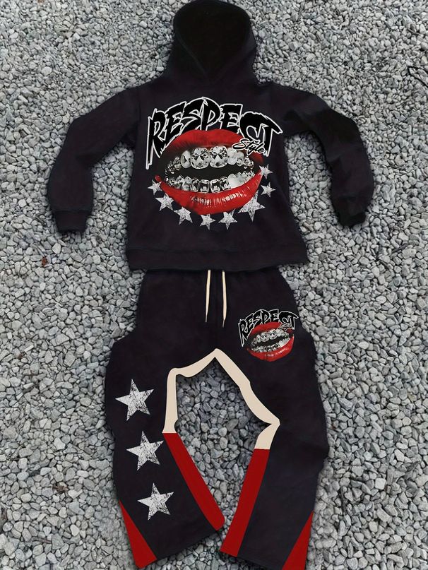 Men's Clothing Men's Street Black Hooded Sweatshirt Flared Pants Suit Red Lips And Diamond Teeth_viptrois.com