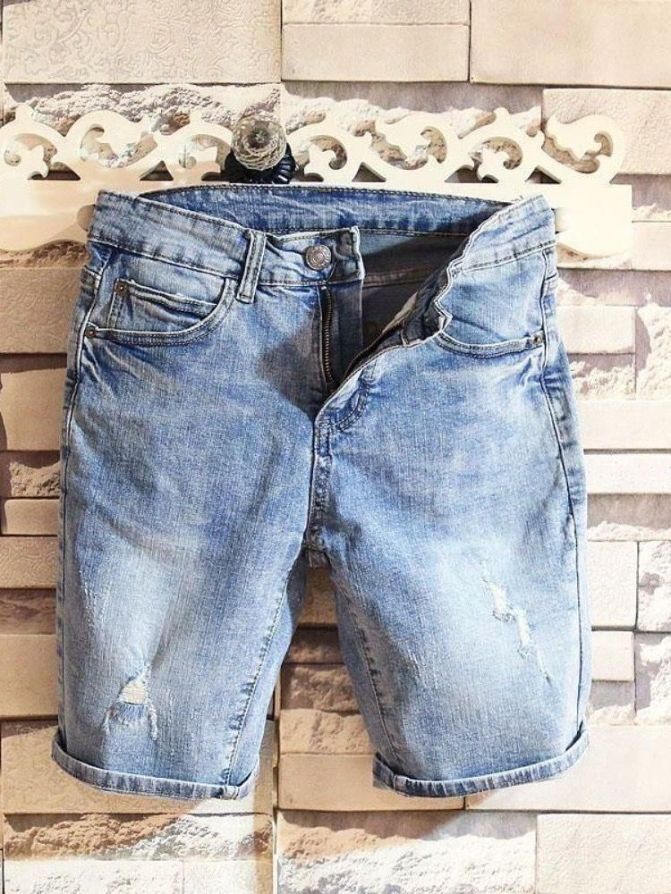 Men's Clothing Leg Elastic Summer New Blue Ripped Men's Versatile Simple Five Point Jeans_viptrois.com