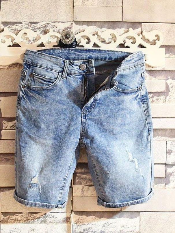 Men's Clothing Leg Elastic Summer New Blue Ripped Men's Versatile Simple Five Point Jeans_viptrois.com