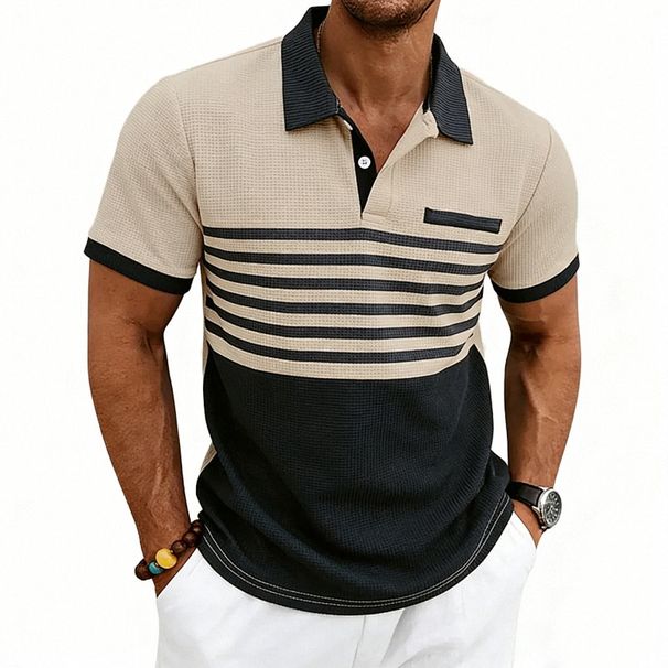 Men's Casual Summer Polo Shirt Color Block Waffle Stripe Short Sleeve Collared American Style Commuter Fashion_viptrois.com