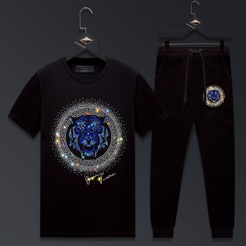 Men's Clothing Fashion brand short sleeved T shirt men's summer trend ice silk large size hot diamond two piece suit sports handsome men's casual suit_viptrois.com