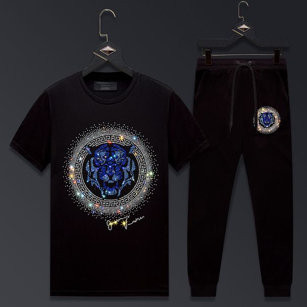Men's Clothing Fashion brand short sleeved T shirt men's summer trend ice silk large size hot diamond two piece suit sports handsome men's casual suit_viptrois.com