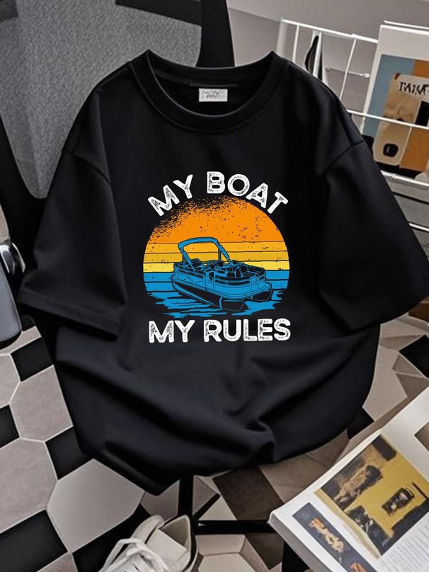 Men's Funny Boating Shirt My Boat My Rules T Shirt Pontoon Boat Captain Gift For Fashion Unisex Homme Top For Everyday Wear Streetwear_viptrois.com