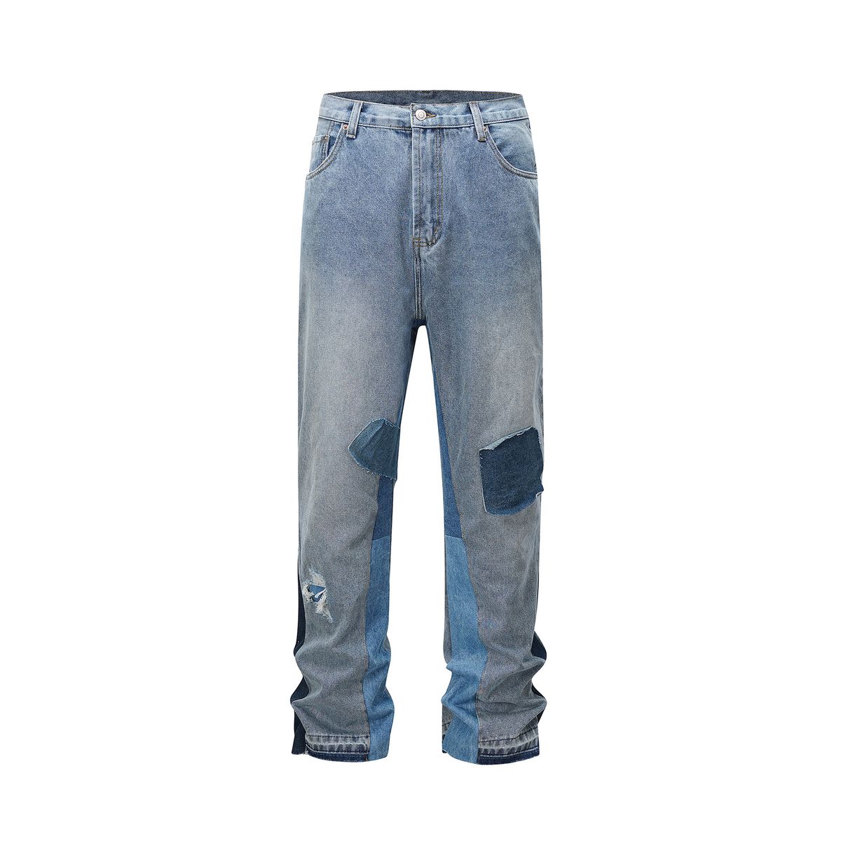 Men's Clothing High Street Fashion Slightly Flared Pants Type Split Patchwork Jeans Overalls_viptrois.com