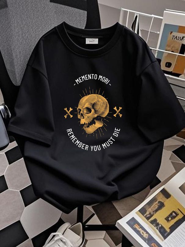 Memento Mori T-Shirt - Skull And Crossbones T Shirt - Stoic Stoicism Philosophy Top For Everyday Wear Graphic Breathable Soft Slightly Versatile_viptrois.com