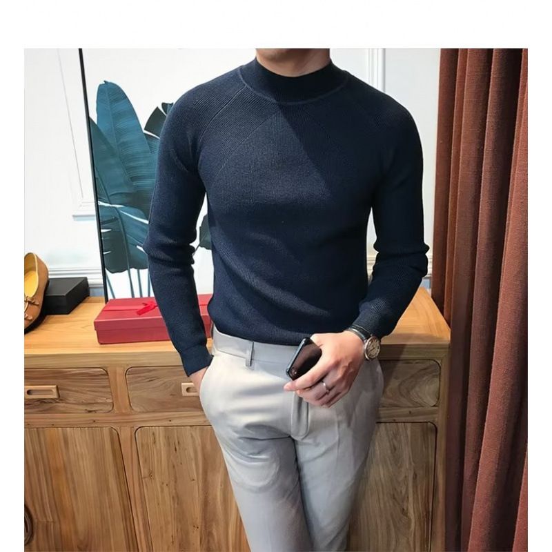 Men's Sweater For Autumn And Winter, Warm Semi High Neck, Slim Fit, Knitted Sweater For Wearing, Base Coat_viptrois.com