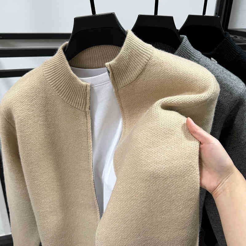 Men's Solid Color Knit Cardigan With Thick Fleece Lining, Winter Warm Zip-Up Stand Collar Sweater, Casual Pullover For Outdoor & Daily Wear_viptrois.com