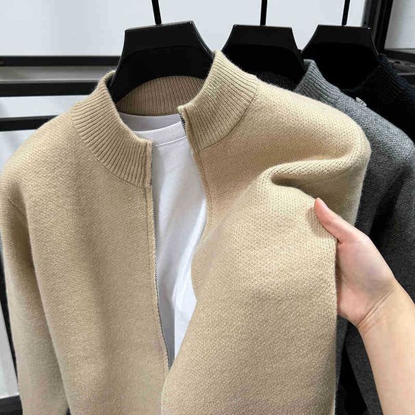 Men's Solid Color Knit Cardigan With Thick Fleece Lining, Winter Warm Zip-Up Stand Collar Sweater, Casual Pullover For Outdoor & Daily Wear_viptrois.com