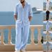 Men's Autumn Linen Long Sleeve Shirt And Pants Set Breathable Simple Henley Top Loose Fit Beachwear for Home_viptrois.com