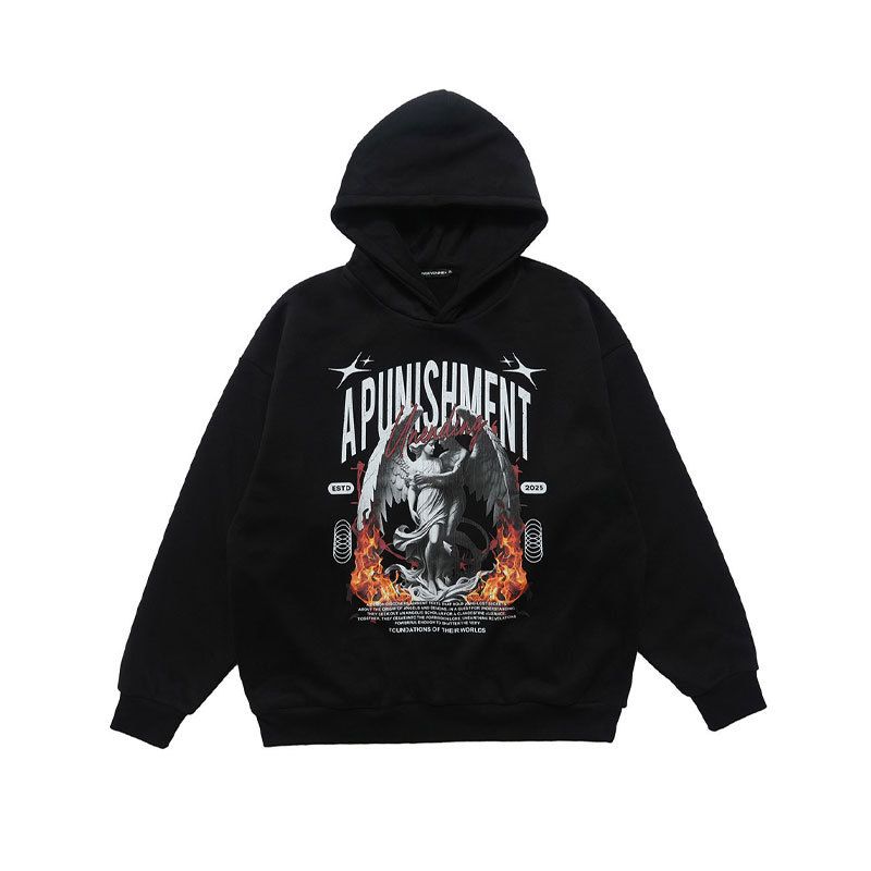 Fashion Style Fleece-lined 430g Plaster Angel Print Hoodie, Loose Casual American-style Sweatshirt_viptrois.com