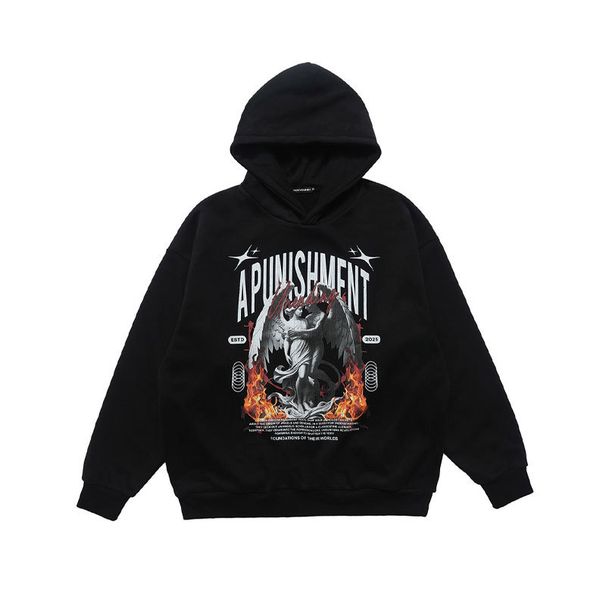 Fashion Style Fleece-lined 430g Plaster Angel Print Hoodie, Loose Casual American-style Sweatshirt_viptrois.com