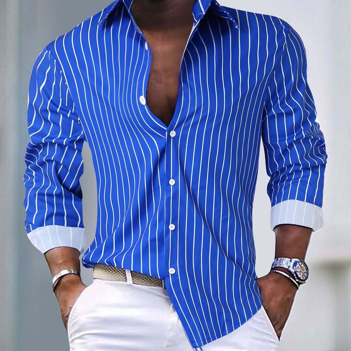 Men’s Clothing Autumn And Winter Men's Striped Lapel Cardigan Hot Sale Striped Long Sleeve Shirt_viptrois.com
