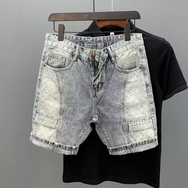 Blue Summer Thin Printed Denim Shorts For Men, Personalized Splicing, Slim Fit, Small Foot, Five Leg P, Casual Mid_viptrois.com