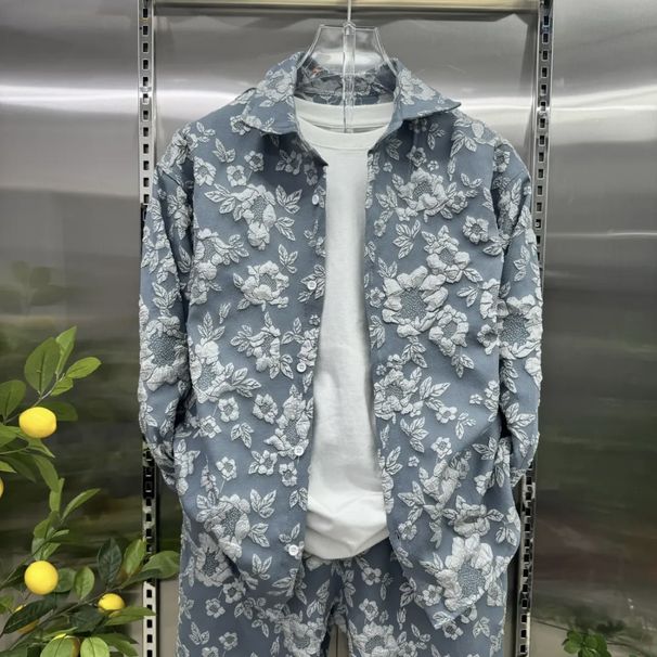 Men's Clothing Autumn New Three Dimensional Relief Jacquard Shirt Fashion Slim Trousers Two Piece Suit Men's Trendy Brand Casual Sports Suit_viptrois.com