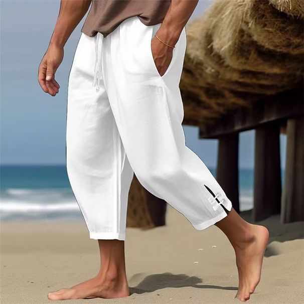 Cross-Border European And American Summer Fashion Casual Linen Cotton Loose Nine-Point Solid Color Versatile Beach Men's_viptrois.com