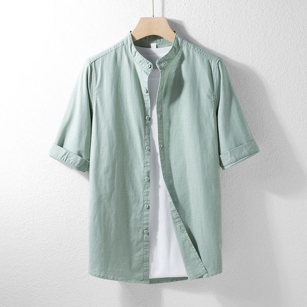 Men's Clothing Slim Fit Mid Length Sleeve Solid Color Linen Shirt Cotton And Linen Casual Shirt White Linen Three Quarter Sleeve_viptrois.com