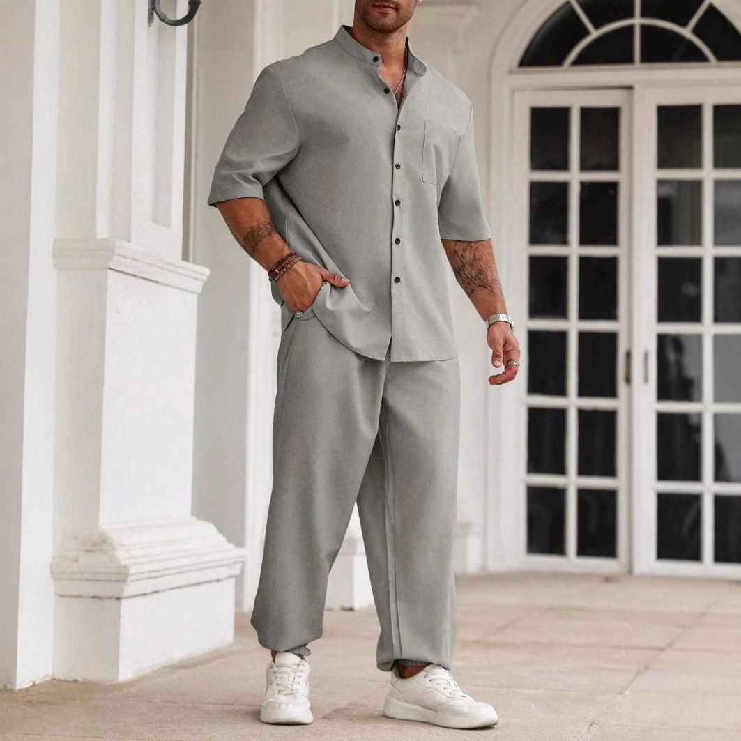 Men's Clothing Commuter Cotton And Linen Suit Casual Button Shirt Short Sleeved Trousers Men's Outing Trend_viptrois.com