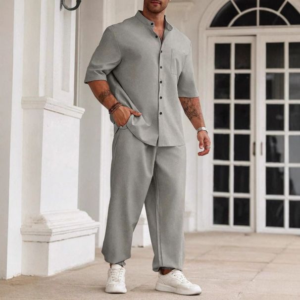 Men's Clothing Commuter Cotton And Linen Suit Casual Button Shirt Short Sleeved Trousers Men's Outing Trend_viptrois.com