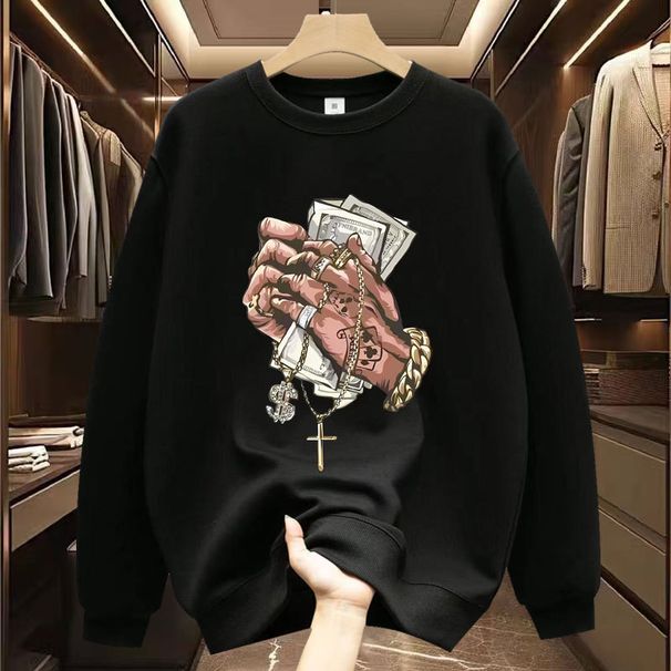 Men's Clothing Autumn And Winter Loose Simple Printed Long Sleeved Versatile Tops_viptrois.com