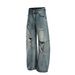 Men's Clothing Retro Street Neutral High End Washed Blue Street Tide Hole Design Loose Men's Scimitar Jeans_viptrois.com