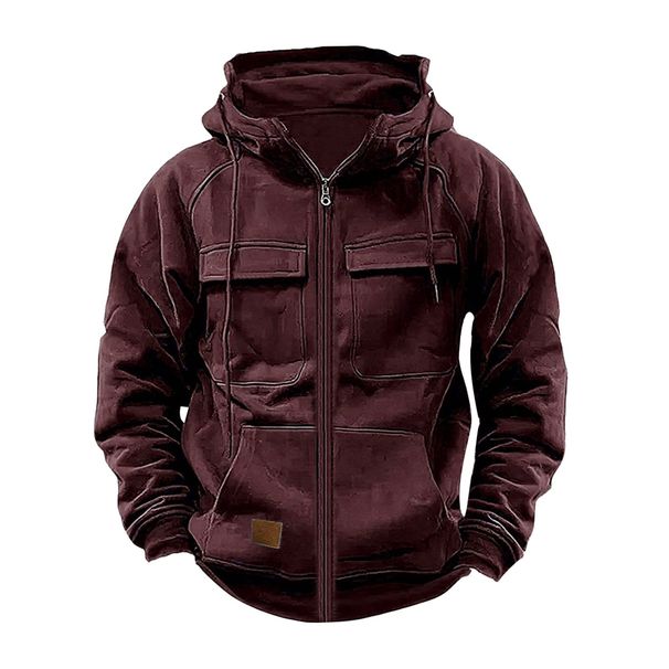 Men's Clothing New Hooded Solid Color European And American Retro Loose Multi Pocket Sweatshirt Zipper Jacket_viptrois.com