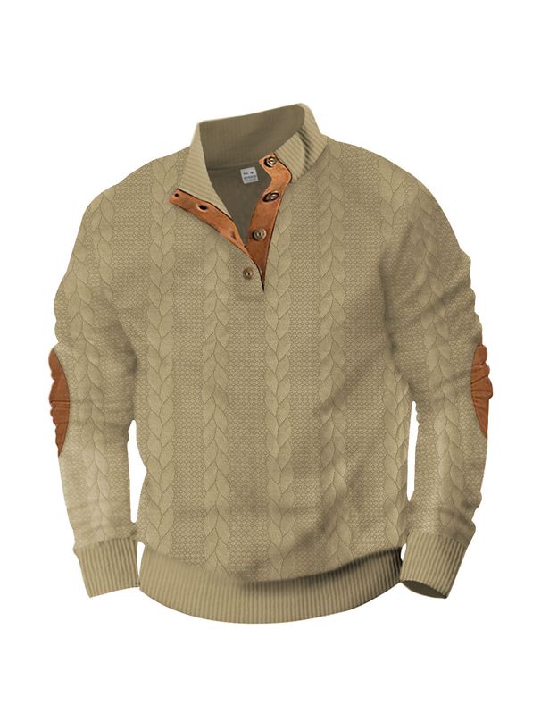 Men's Stylish Embroidered Henley Long Sleeve Pullover - Lightweight Cotton Blend, Casual & Versatile (Caramel, Khaki, Black, Gray, Navy)_viptrois.com