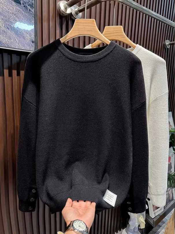 Oversized Knit Sweater – Men’S Button-Detail Long Sleeve Pullover, Black & White (M-3xl) Oversized & Comfortable_viptrois.com