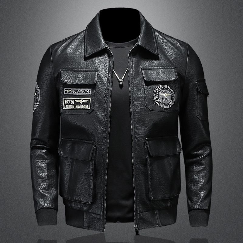 Men's Clothing Jacket Casual Leather Men's Biker Jacket Slim PU Leather Jacket With Lapel_viptrois.com