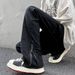 Loom Retro Jeans For Men, European And American High Street Vibe Style, Black Stretch Loose Straight Casual Pants_viptrois.com