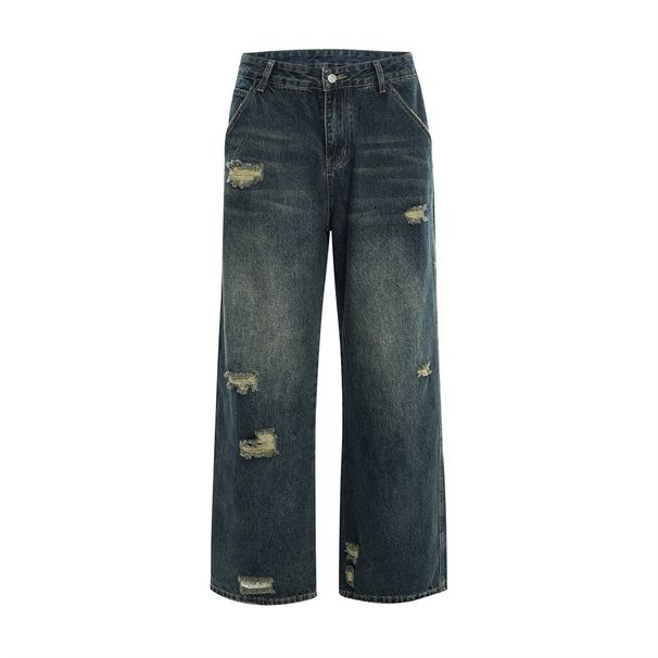 Washed Distressed Cargo Jeans Straight-Leg Men's Street Style American Long Vibe Loose Casual Wide-Leg Dad Pants_viptrois.com