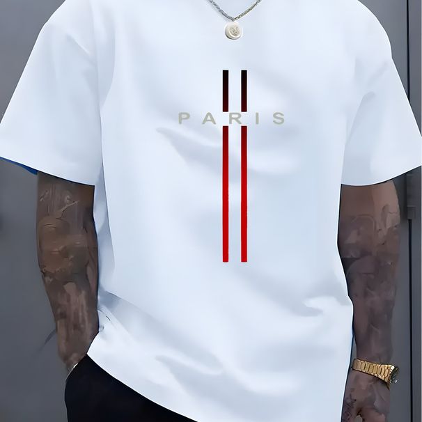 Summer Casual Loose Fit Crew Neck T-Shirt for Men Short Sleeve Parisian Alphabet Print Top_viptrois.com