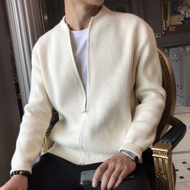Solid Color Knitted Sweater Jacket Versatile Casual Wear Warm Cardigan Sweater Men's Thread Jacket_viptrois.com