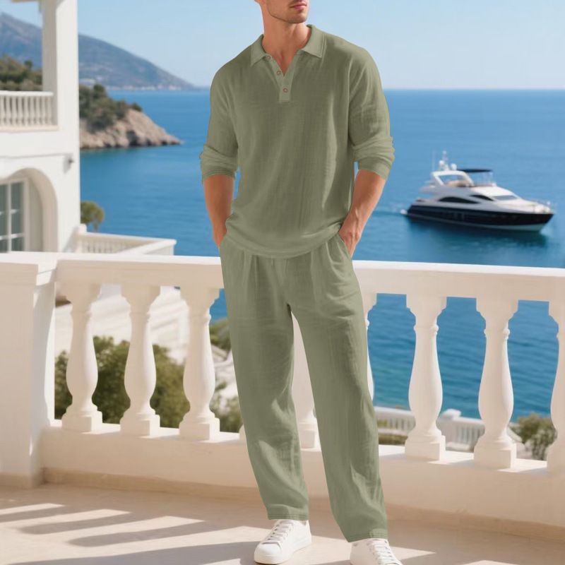 Linen Men's Casual Loose Fitting Two Piece Set Spring Autumn Simple Polo Shirt And Pants_viptrois.com