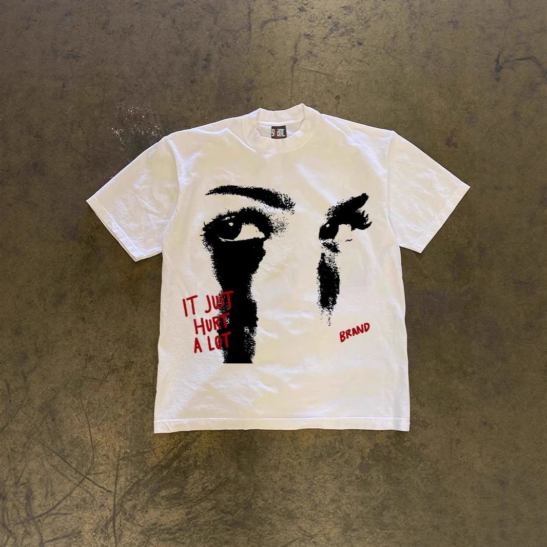 Oversized Abstract Face Print Short Sleeve T-Shirt Heavyweight Pure Cotton Unisex Style for Men And Women_viptrois.com