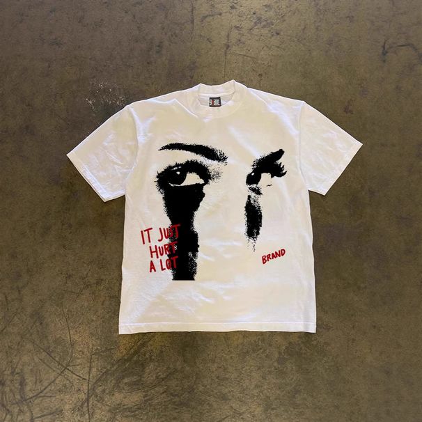 Oversized Abstract Face Print Short Sleeve T-Shirt Heavyweight Pure Cotton Unisex Style for Men And Women_viptrois.com