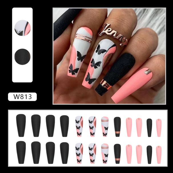 False Nails Long Ballet Frosted Black Butterfly Nail Art Sweet Cool Textured Nail Finished Wearable Nail_viptrois.com
