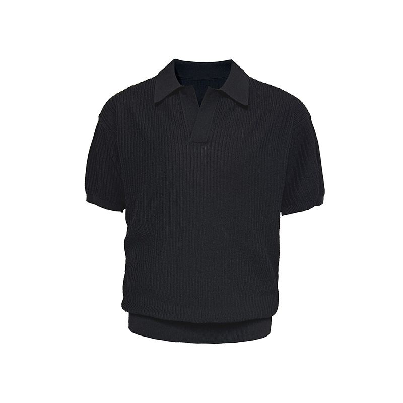 Men's Clothing Polo Shirt V Neck Short Sleeved Knitted Sweater Men's Slim Business Style Lapel Striped Ice Silk Breathable_viptrois.com