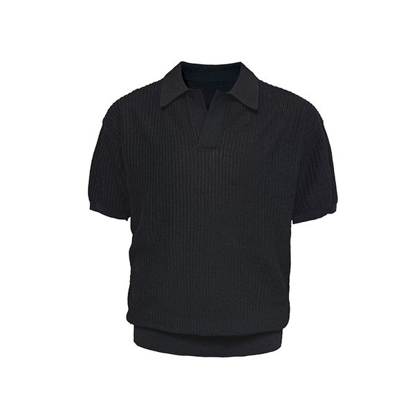 Men's Clothing Polo Shirt V Neck Short Sleeved Knitted Sweater Men's Slim Business Style Lapel Striped Ice Silk Breathable_viptrois.com
