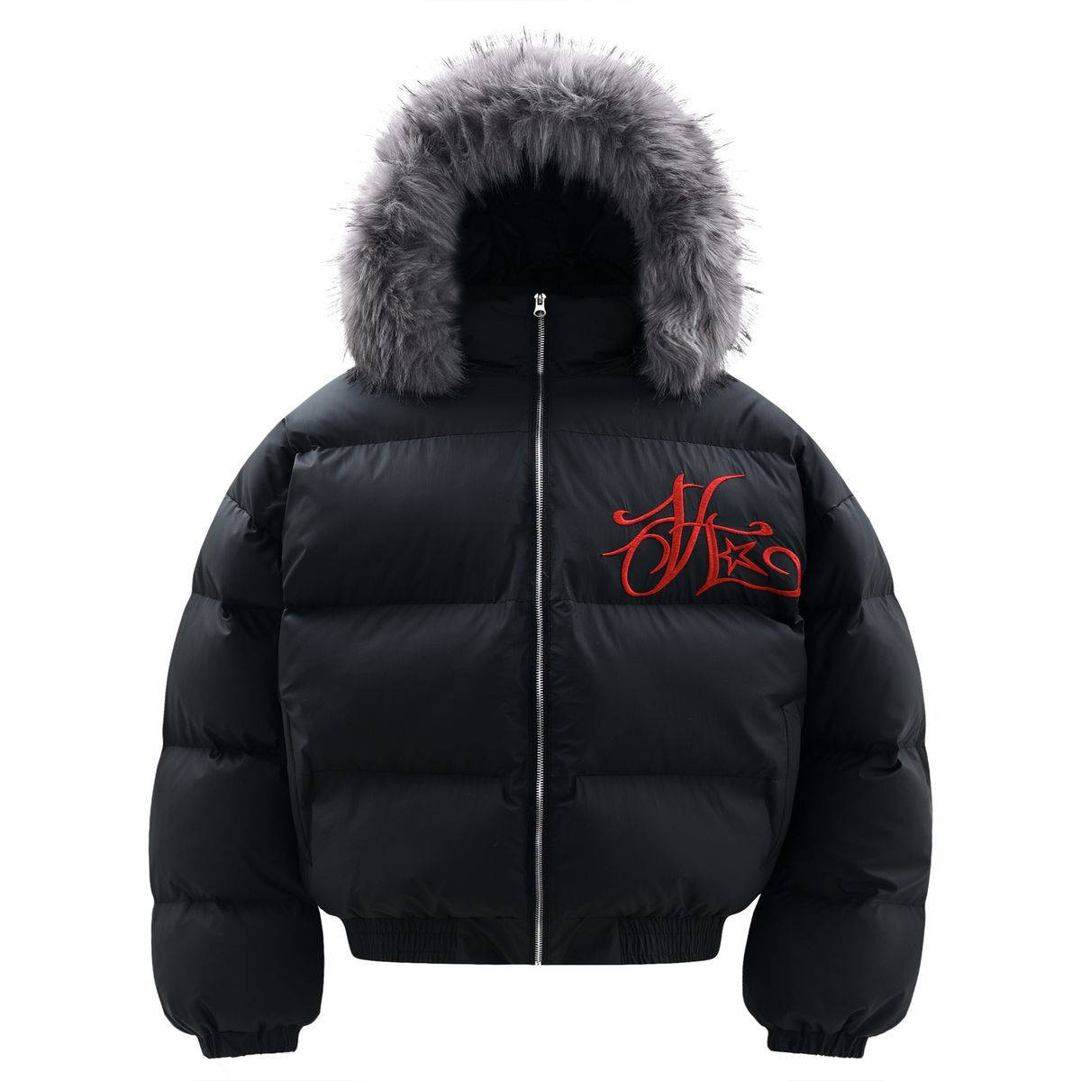 Unisex Winter Hooded Puffer Jacket With Detachable Faux Fur Collar - Loose Fit Thickened Warm Coat, Trendy Embroidery Design, Black (S/M/L/XL)_viptrois.com